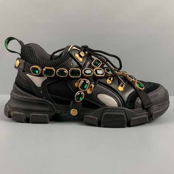 GUCCI Black Green Beaded Nylon Lace Up Sneakers - Picture 2 of 8